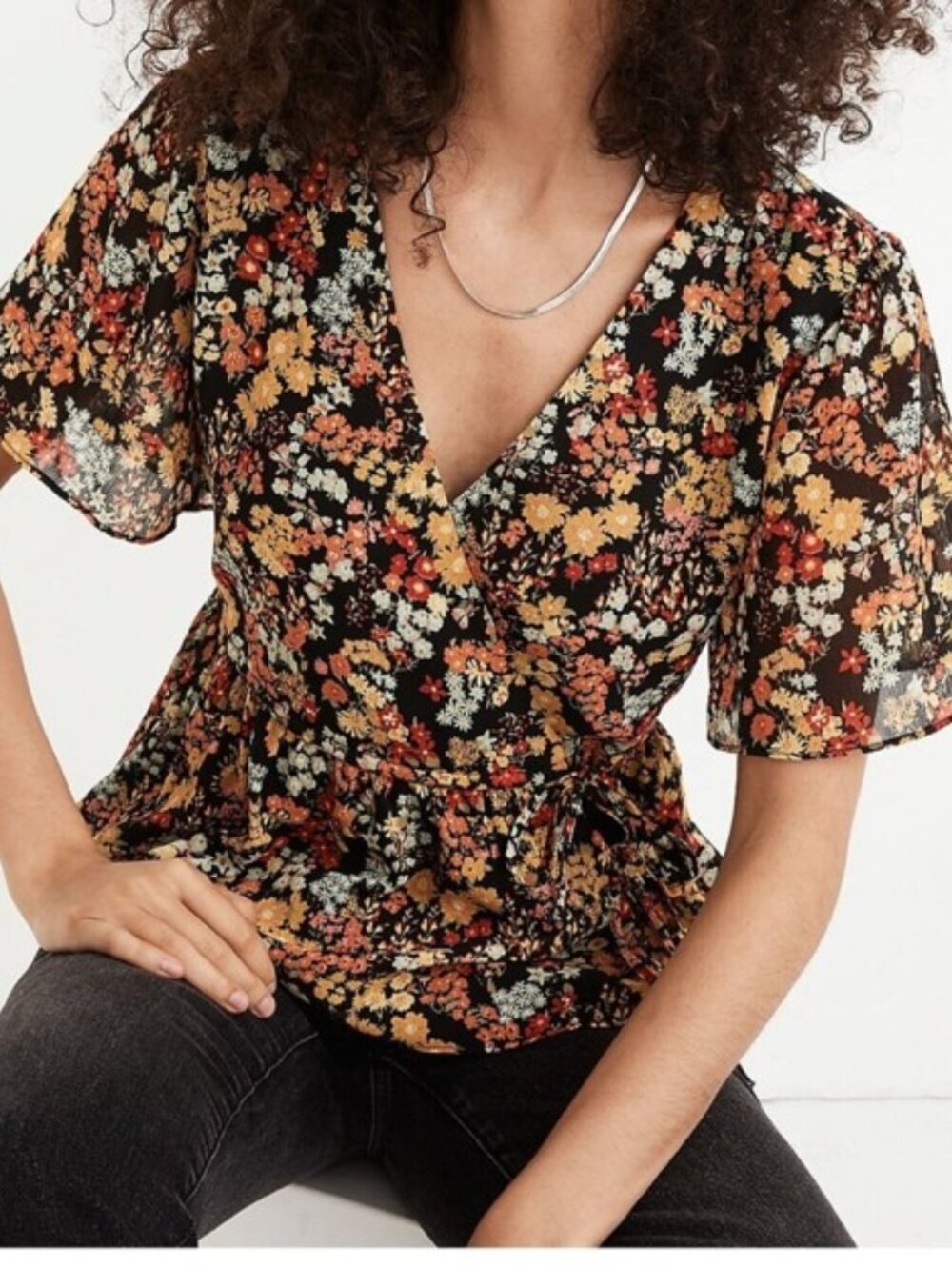 MADEWELL Flutter Sleeve Peplum Wrap Top Floral Print Size XXS